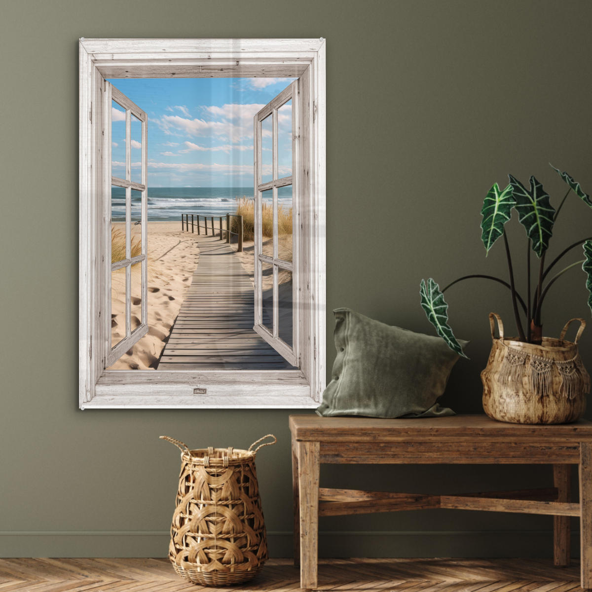 ACRYLGLASBILD Fenster - Meer - Küste - Natur - Ausblick - Strand - Wattenmeer 60x90 cm - Beige, Glas (60/90cm) - MuchoWow