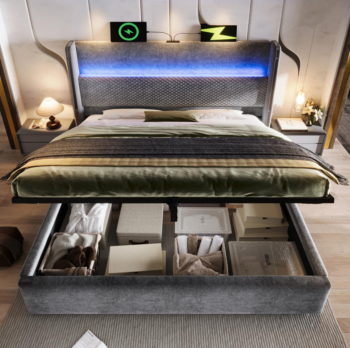 POLSTERBETT 160/200 cm grau aus Leinen mit LED, USB/Type-C und Stauraum inkl. Matratze - Grau, Textil (160/200cm) - OKWISH