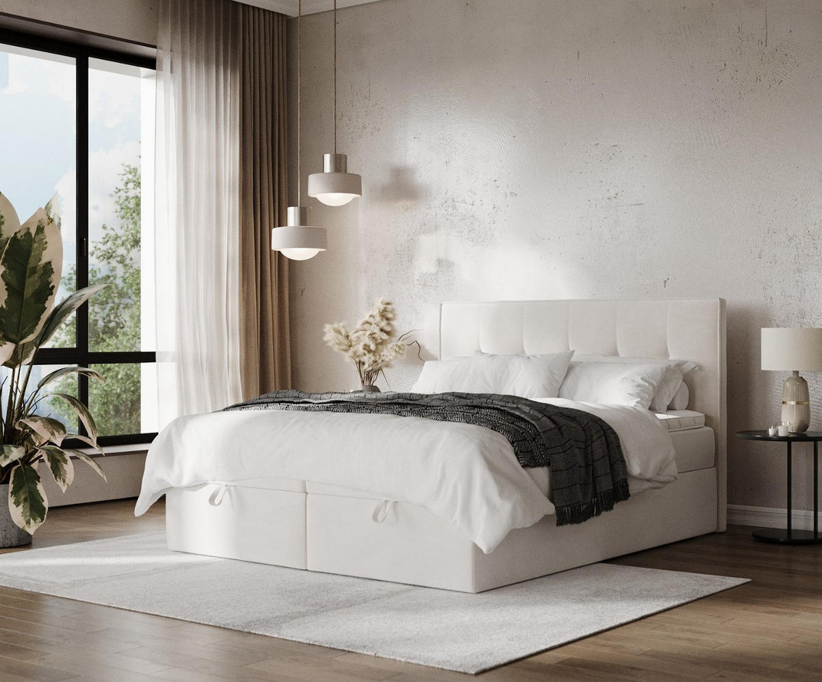 BOXBETT Tivra 160/200 cm Creme im Paros Stoff - Creme/Schwarz, Holz/Holzwerkstoff (160/200cm) - AltaBeds