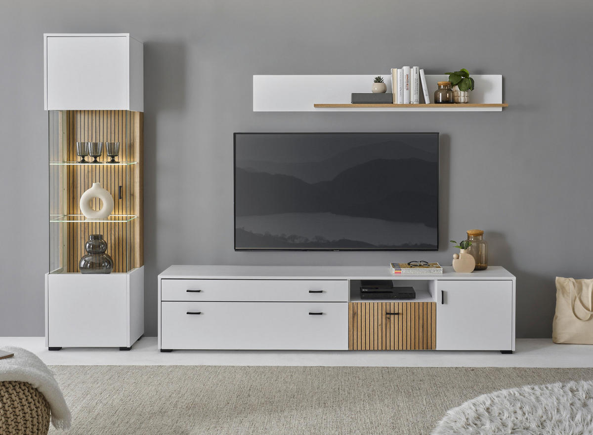 WOHNWAND weiß matt, Eiche 3-teilig 258 x 180 cm, Schrankwand mit viel Stauraum und Soft-Close-Funktion - Eichefarben/Schwarz, Glas/Holzwerkstoff (258/180/42cm)