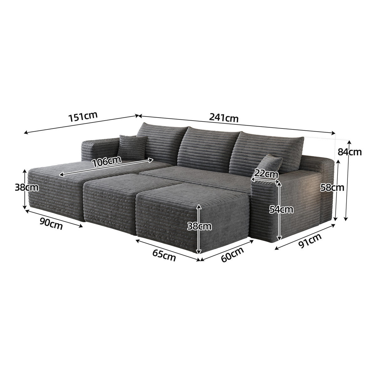 WOHNLANDSCHAFT Cord Dunkelgrau - Grau, Textil (241/58/151cm) - WISHDOR