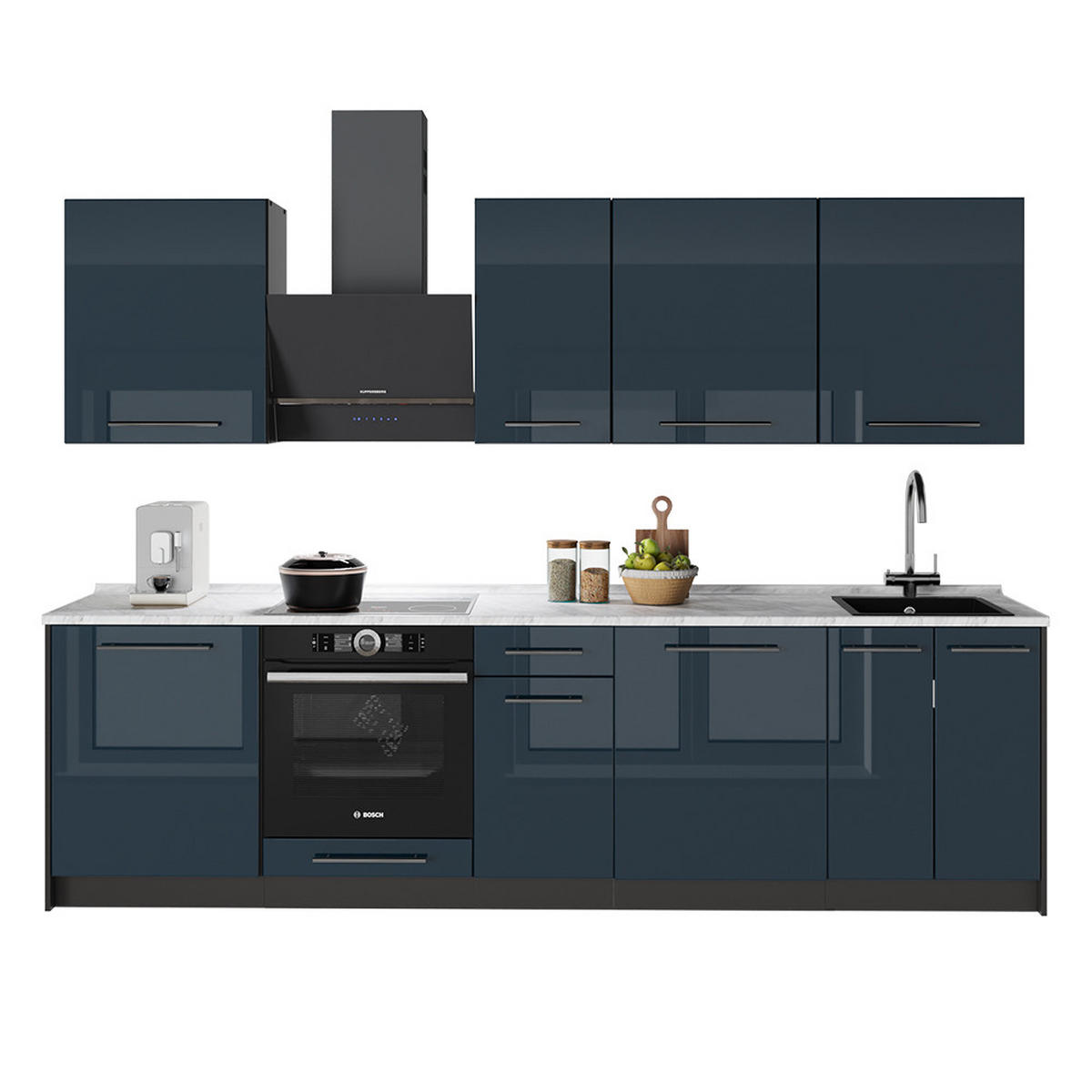KÜCHENZEILE Fame-Line, Dunkelblau Hochglanz/Anthrazit, 280 cm ohne Arbeitsplatte - Anthrazit/Dunkelblau, Holzwerkstoff (280/82/51.6cm) - Vicco