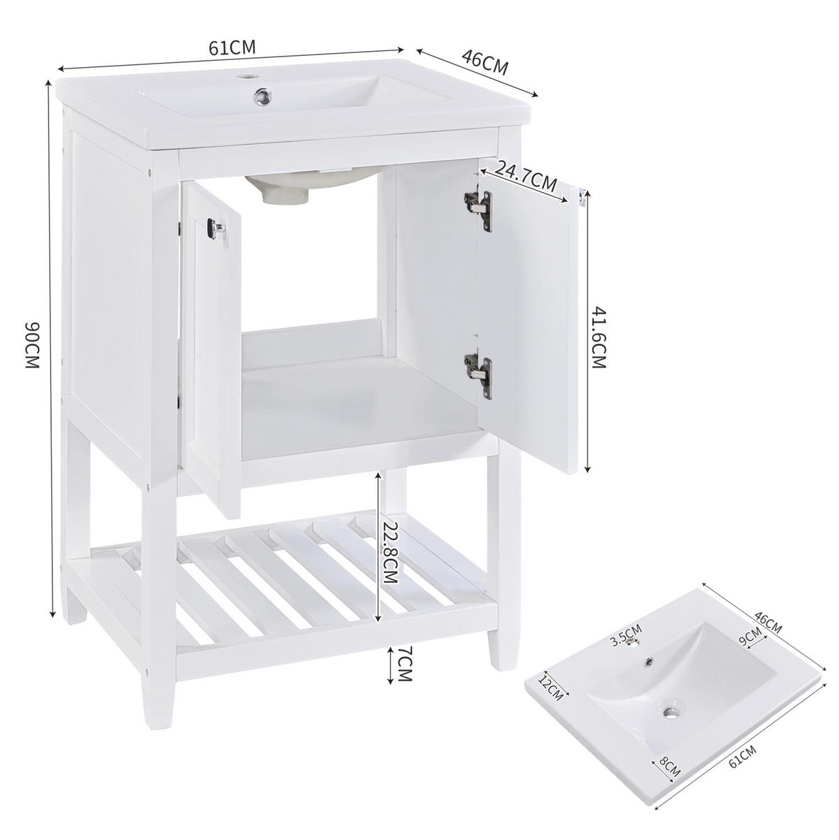 KOUPELNOVÁ skříňka s umyvadlem 60 cm bílá z masivního dřeva a MDF se spodním úložným prostorem - bílá, kompozitní dřevo (61/90/46cm) - OKWISH