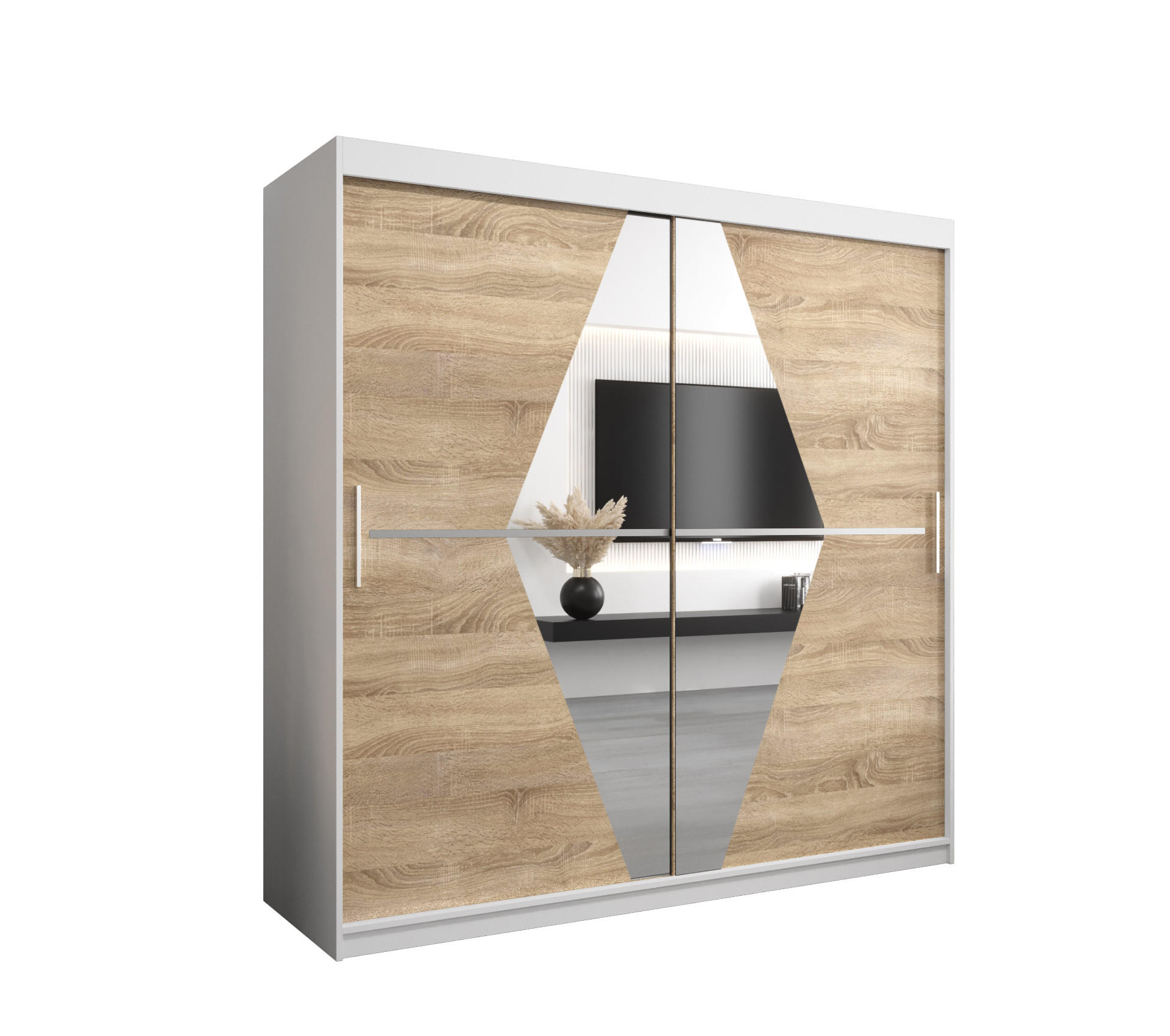 Abiks Möbel Schwebetürenschrank Weiß, Sonoma Eiche 200x200x62 cm