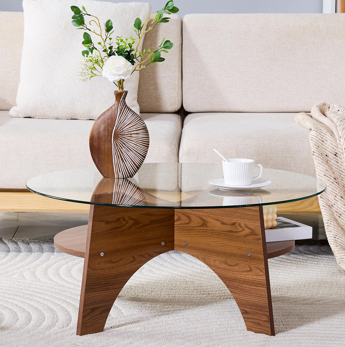 BEISTELLTISCH 80/80/36 cm mit Sicherheitsglasplatte und fächerförmigem MDF-Gestell in Nussbaum-Optik, Transparent/Walnuss - Walnussfarben, Holzwerkstoff (80/80/36cm) - Redom