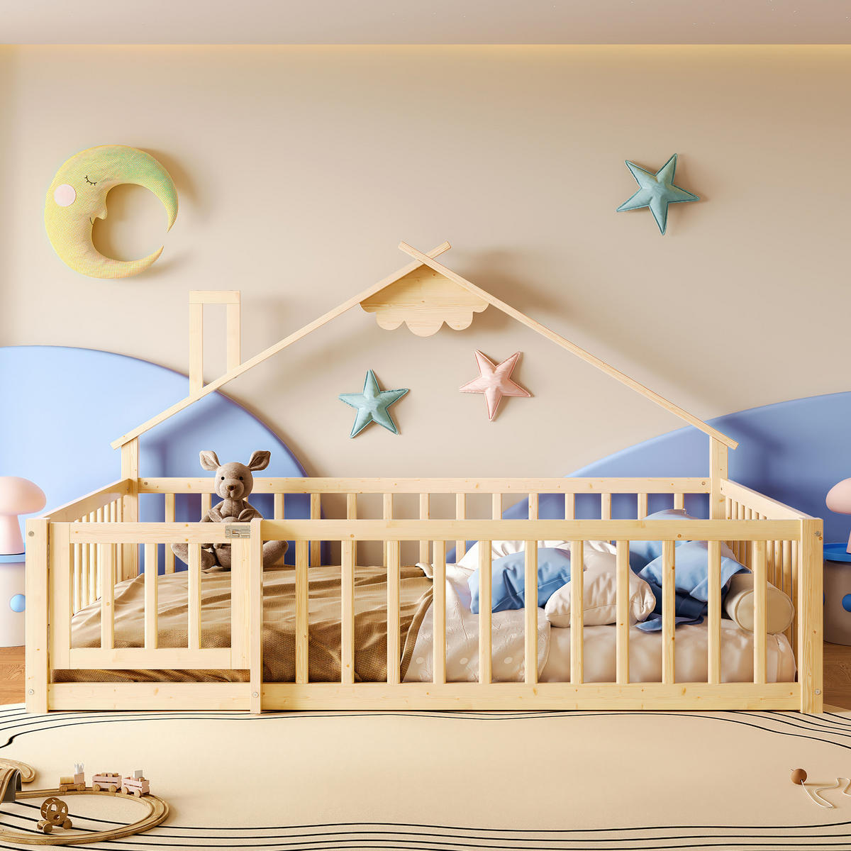 FLACHBETT 140x190cm Natur Kiefer Kinderbett Hausleiste Geländer - Naturfarben, Holz (140/190cm) - FLIEKS