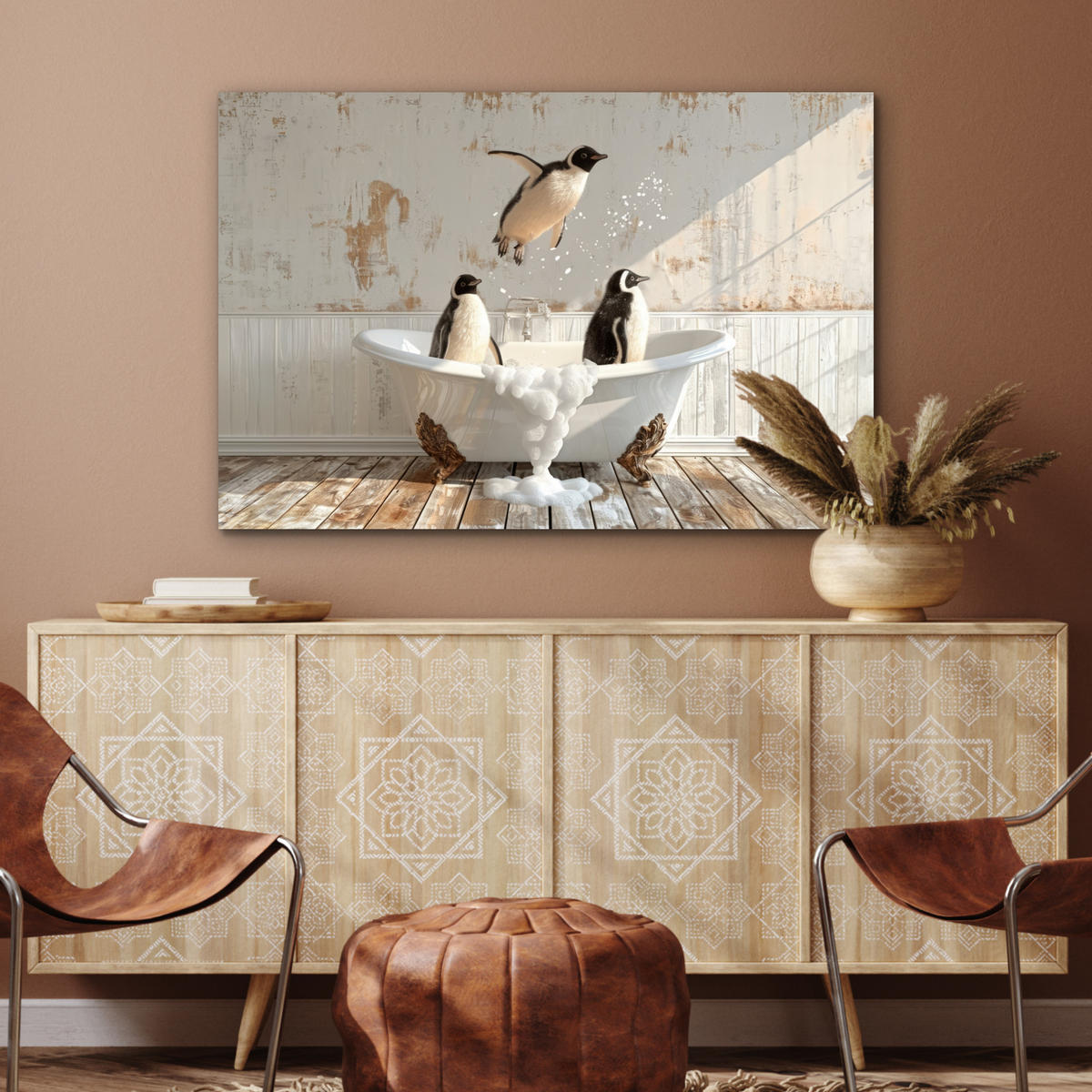METALLBILD Vintage - Pinguin - Badewanne - Schaumstoff 120x80 cm - Schwarz, Metall (120/80cm) - MuchoWow
