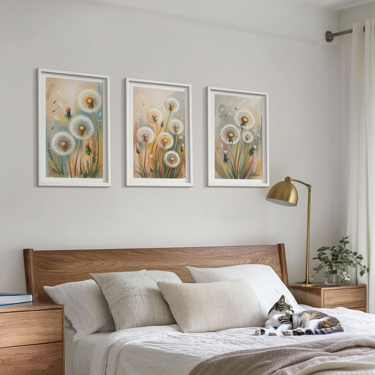 WANDBILDER 3er-Set - 40x60 cm Weißer Rahmen - Löwenzahnblüten, pastellfarbene Gräser - Weiß, Kunststoff (40/60cm) - ArtPrintCave