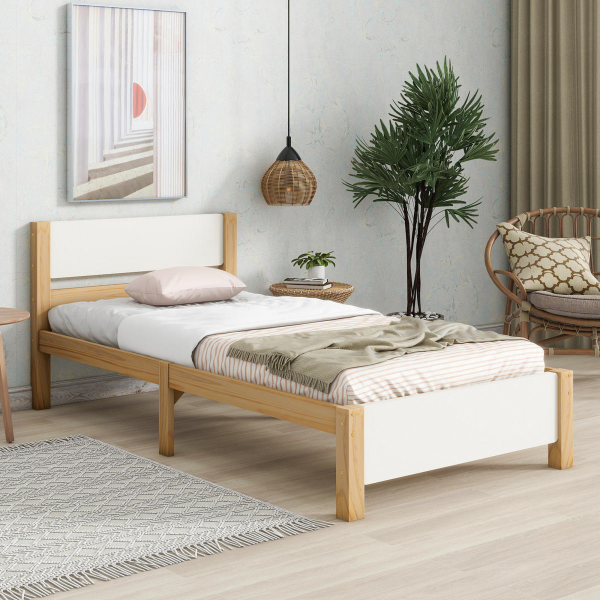 HOLZBETT 90x200 cm mit Kopfteil, Fußteil, Weiß-Natur - Weiß, Holz (90/200cm)