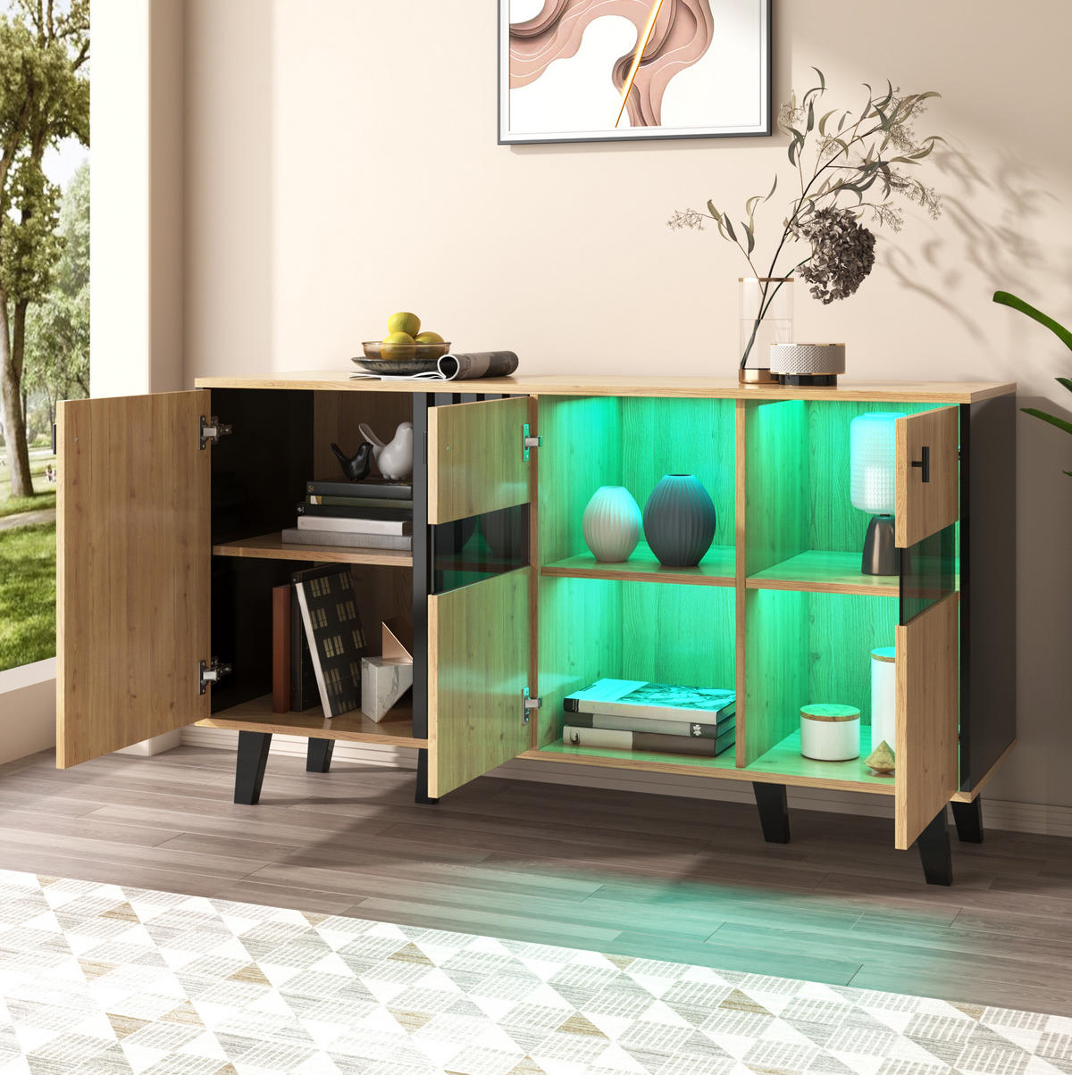 SIDEBOARD 140/41/78,5 cm mit 3 Türen, Glas-Element und LED in Holzfarben - Naturfarben, Holzwerkstoff (140/78/41cm) - BEAOK