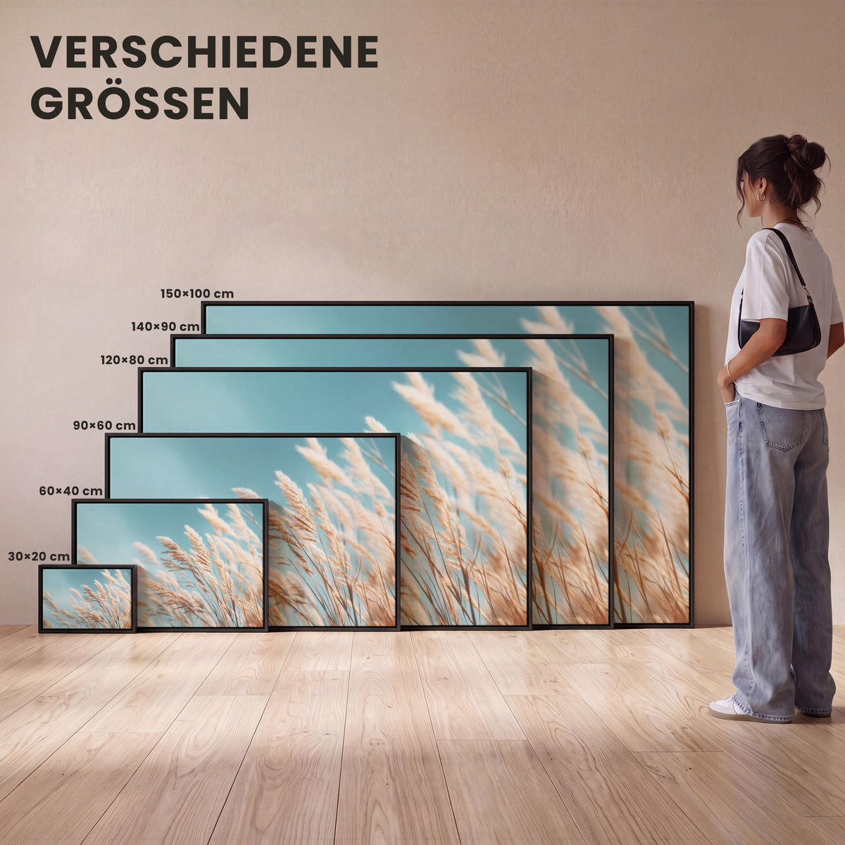 LEINWAND Bilder mit Rahmen - Ziergras - Wind - Hellbraun - 150x100 - Hellblau, Textil (150/100cm) - MuchoWow