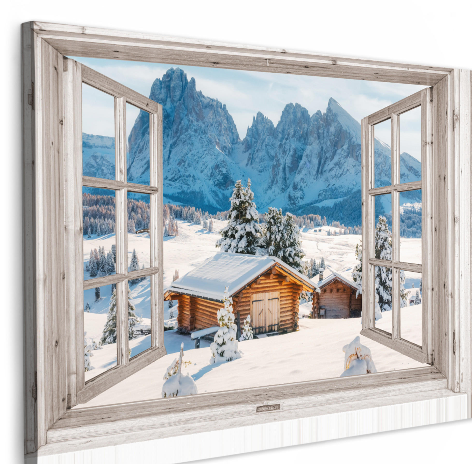 LEINWANDBILD Winterlandschaft - Hütte - Berge - Ausblicke - Aussicht - Natur XXL 150x100 cm - Weiß Hochglanz, Textil (150/100cm) - MuchoWow