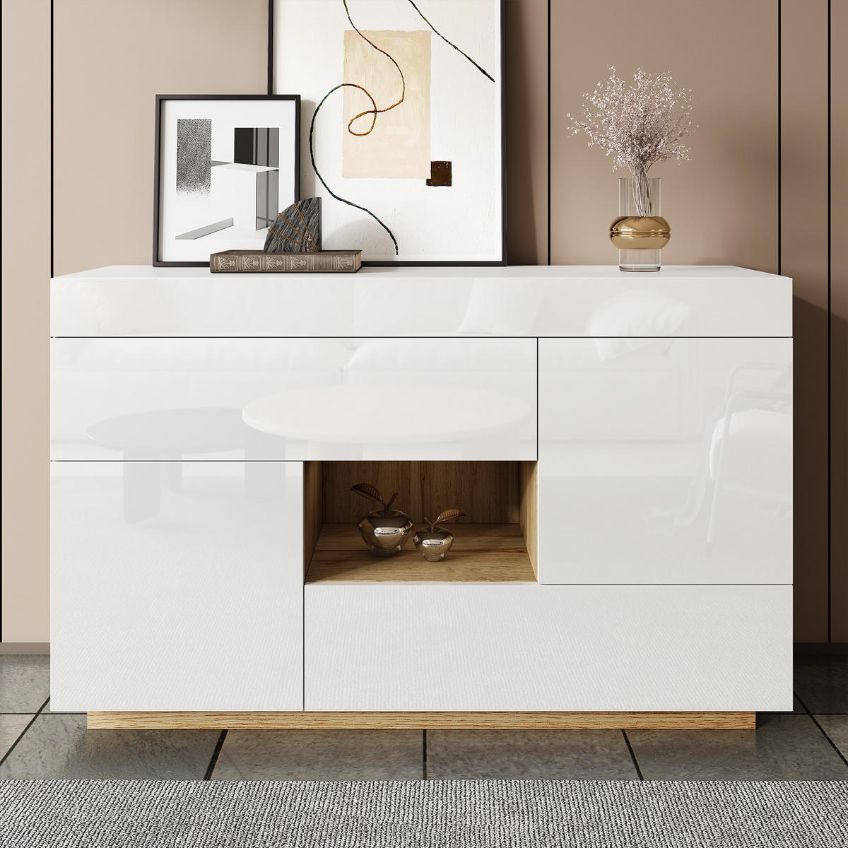 SIDEBOARD mit 2 Schubladen, Türen und offenem Fach, Hochglanz mit Holzoptik, integrierter 16-Farben-LED-Streifen, Spanplatte, 120/37/76,5 cm, Weiß - Weiß, Holzwerkstoff (120/37/76.5cm) - Redom