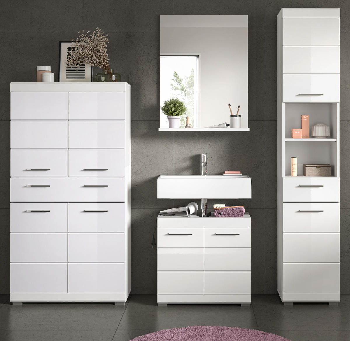 BADMÖBEL-SET weiß Hochglanz 4-teilig 200 cm, Komplettset mit viel Stauraum - Weiß Hochglanz, Glas/Holzwerkstoff (200/191/34cm) - Inn.Furn