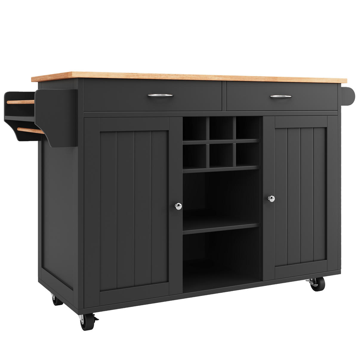 KÜCHENINSEL 102/45/92 cm schwarz und Metall mit Rollen und Weinregal - Schwarz, Holzwerkstoff (102/92/45cm) - OKWISH