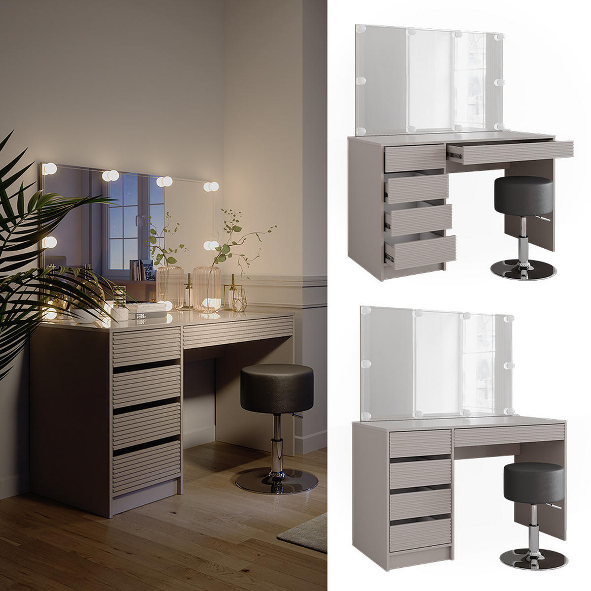 SCHMINKTISCH Sherry Cashmere 120 cm mit Spiegel, Hocker & LED-Beleuchtung - Kaschmir, Holzwerkstoff (120/75/55cm) - Vicco