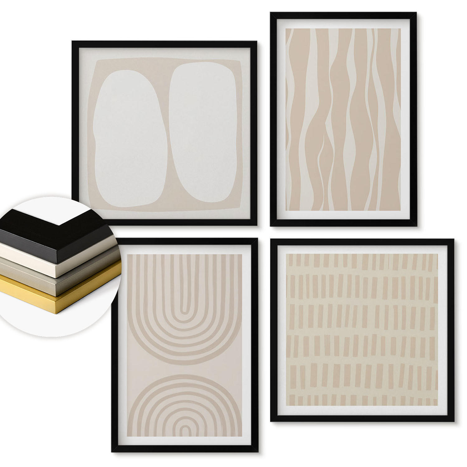 WANDBILDER 4er-Set - 50x50 cm & 40x60 cm Schwarzer Rahmen - Abstrakte Boho-Musterformen - Schwarz, Kunststoff (50/50cm) - ArtPrintCave