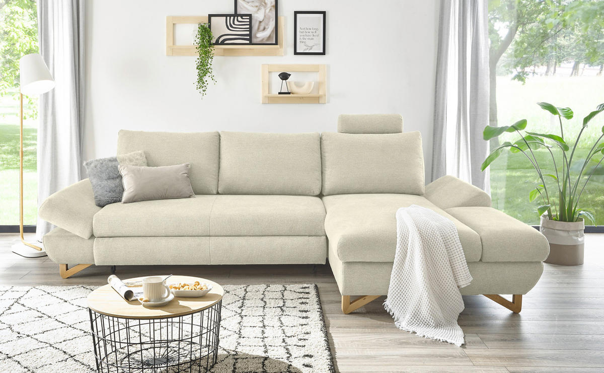 ECKSOFA beige Struktur-Stoff, Sofa mit Bettfunktion und Stauraum 284 cm - Beige, Holz/Textil (284/166cm) - Furn.Design