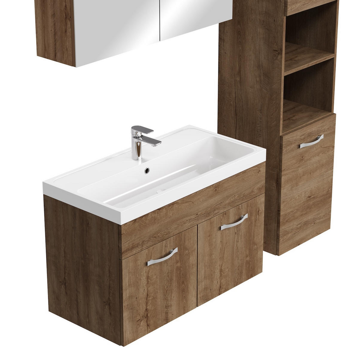 BADMÖBEL-SET Paso LED 5 Teile Braun Eiche - 80 x 35 x 55 cm - Eichefarben/Braun, Holz (80/55/40cm) - Badplaats