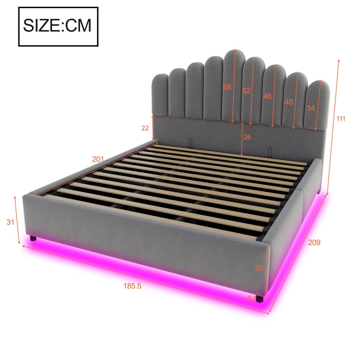 POLSTERBETT 180/200 cm aus Samt mit Stauraum und LED-Lichtleiste, Grau - Grau, Textil (180/200cm) - OKMYHOME