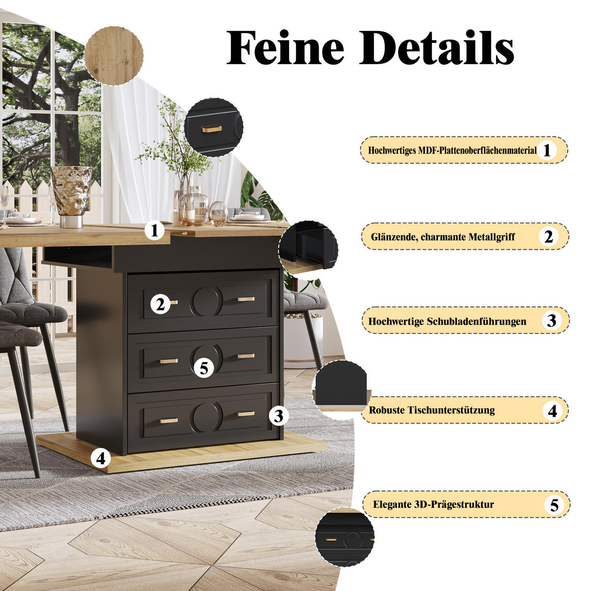 ESSTISCH Ausziehbar 110-140x80Cm Holz 6 Personen - Naturfarben, Metall (80/110/75cm) - FLIEKS