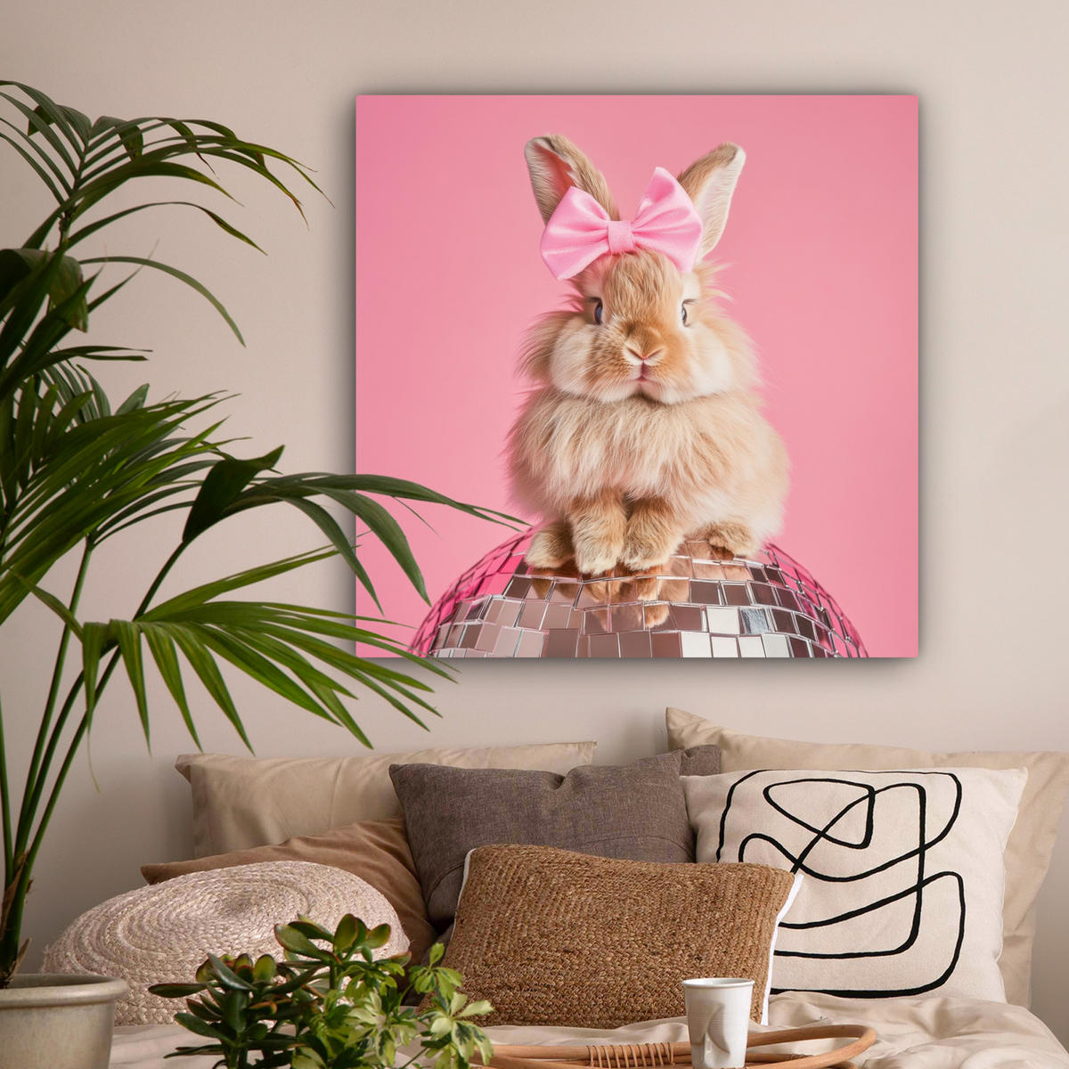 LEINWANDBILD Schleife - Discoball - Kaninchen Deko Groß 90x90 cm - Pink, Textil (90/90cm) - MuchoWow