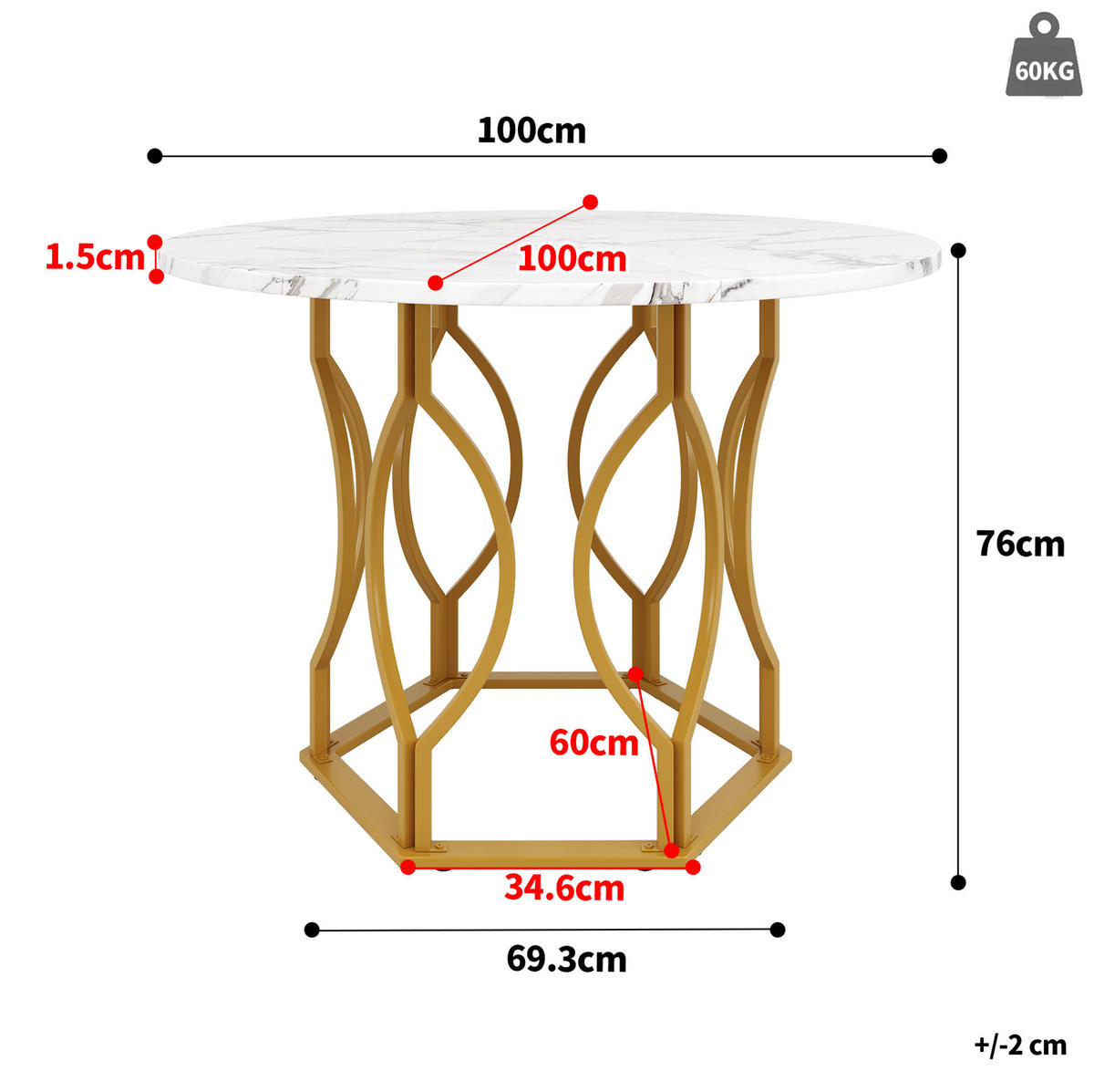 ESSTISCH 100/76/100 cm Weiß/Gold aus MDF und Metall mit verstellbaren Füßen - Goldfarben, Holzwerkstoff (100/100/76cm) - OKMYHOME