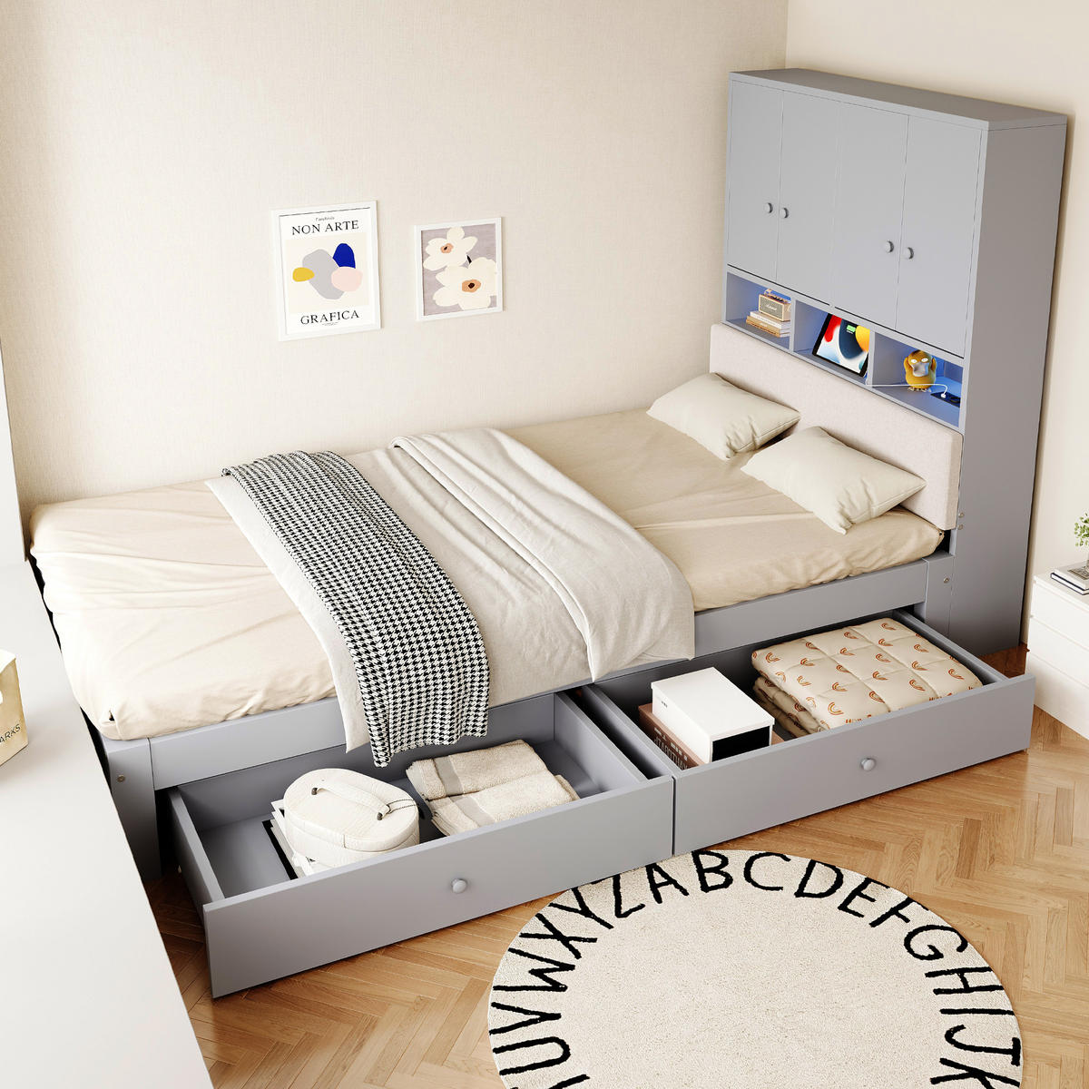 STAURAUMBETT 90/200 cm mit Stauraum, LED und 2 Schubladen, DE-41627, in Grau - Grau, Holzwerkstoff (90/200cm) - ComfortXL