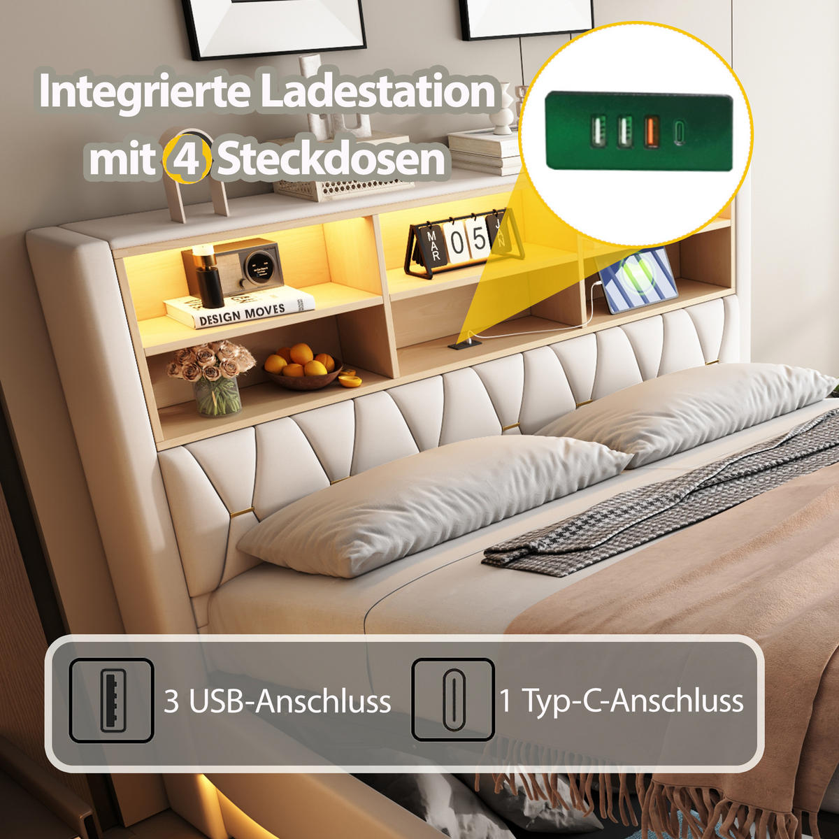 POLSTERBETT 180/200 cm in Beige Leinen mit Bettkasten, LED und USB - Beige, Holzwerkstoff/Textil (180/200cm) - WISHDOR