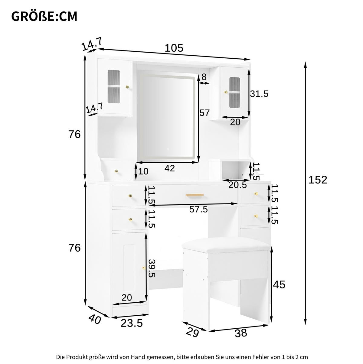 SCHMINKTISCH 105/40/152 cm mit HD-Spiegel, LED-Beleuchtung, Steckdosenleiste und Stauraum aus Spanplatte, Weiß - Weiß, Holzwerkstoff (105/152/40cm) - Redom