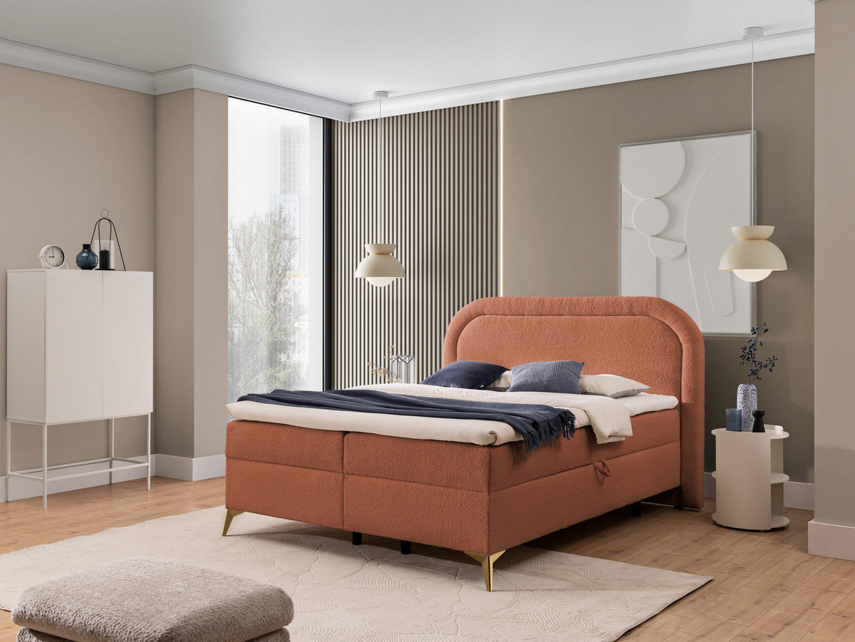 BOXBETT Sonna 200/200 cm Terrakotta Bouclé-Stoff mit abgerundetem Kopfteil und mit goldenen Metallfüßen - Terra cotta/Goldfarben, Holz/Textil (200/200cm) - S-Style Möbel