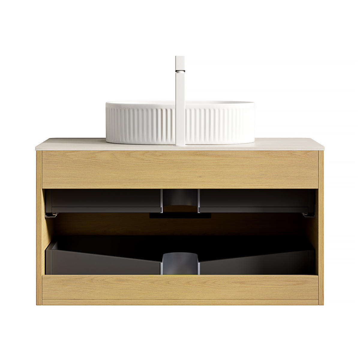 WASCHTISCHKOMBI 90x46x62.2cm Beige/Eiche/Weiß mit ovalem Keramikbecken & Travertin-Arbeitsplatte - Eichefarben, Keramik (90/62.2/46cm) - Modfu