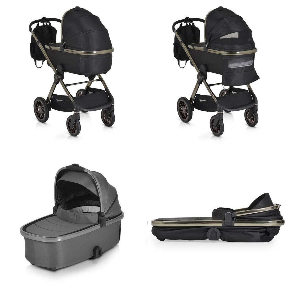 KINDERWAGEN 2 in 1 iClick schwarz klappbar, Wickeltasche, Sportsitz, Babywanne - Schwarz, Metall (74/60/106cm) - Cangaroo