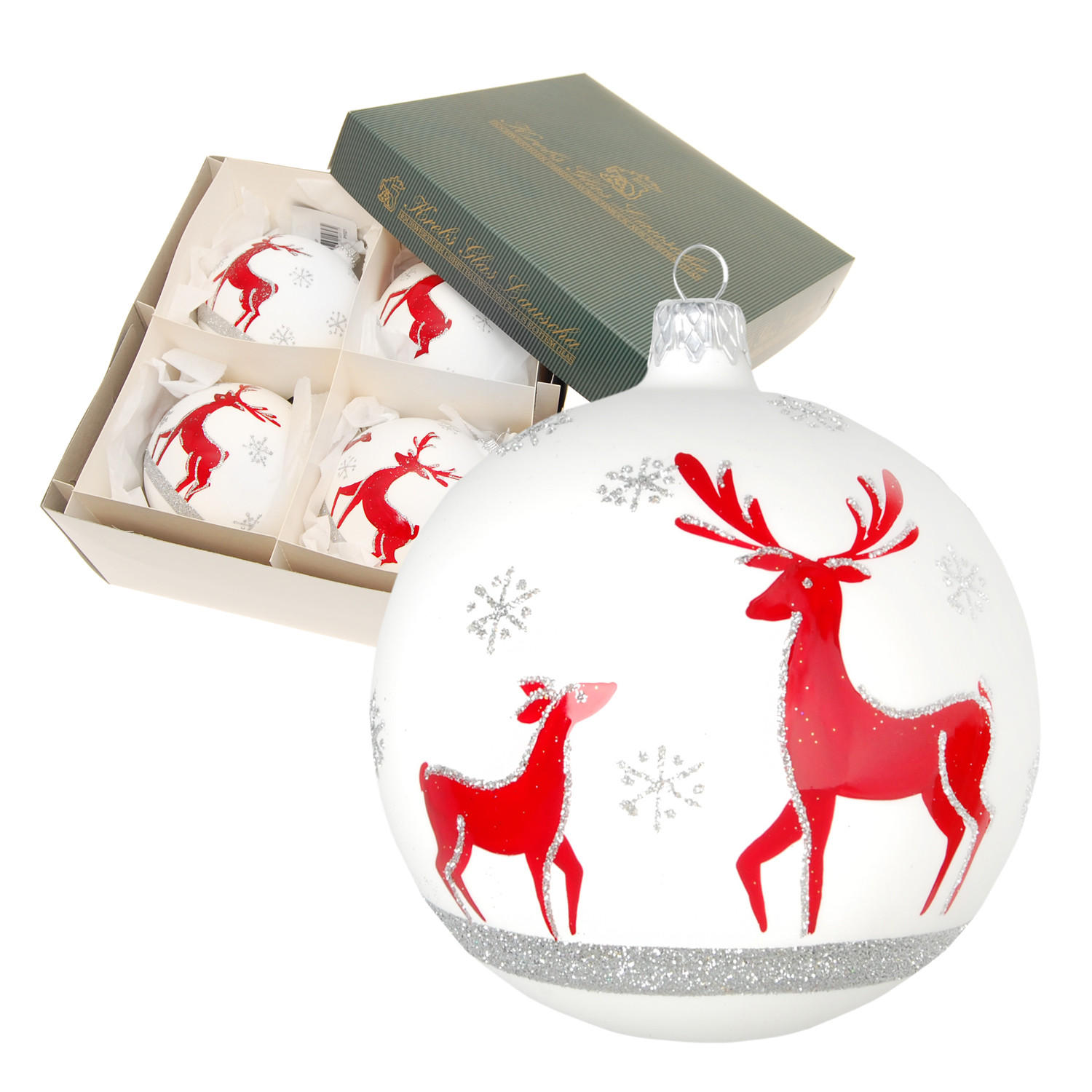 CHRISTBAUMKUGELN Rentiere Weiß 10cm (Glas / 4 Stk.) - Weiß, Glas (10/10/10cm) - Krebs Glas Lauscha