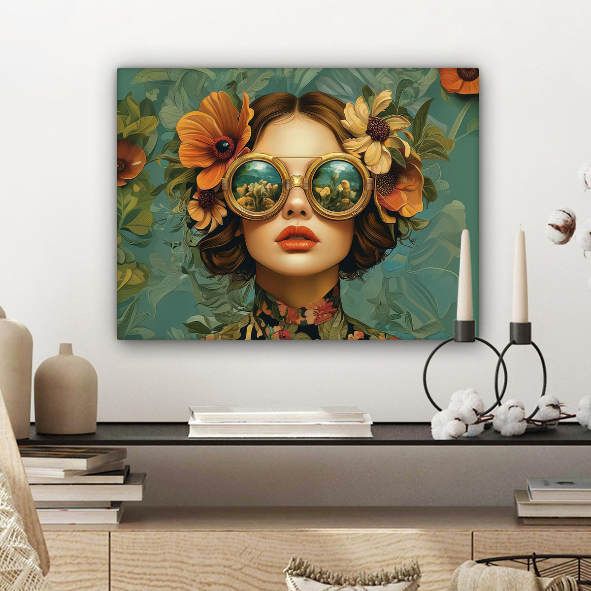 LEINWANDBILD Frau - Blumen - Schmetterlinge - Natur - Vintage Wandbild 40x30 cm - Salbeigrün, Textil (40/30cm) - MuchoWow