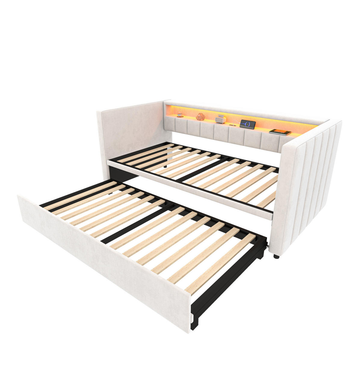 POSTEĽ 201/100-192/73 cm zamat béžová s LED osvetlením a USB-C - béžová, textil (90/190cm) - BEAOK