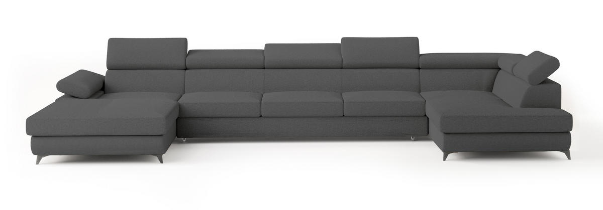 WOHNLANDSCHAFT MONTIVA Grau Boucle-Stoff mit Schlaffunktion - Grau, Holz (410/89/190cm) - MASSENO