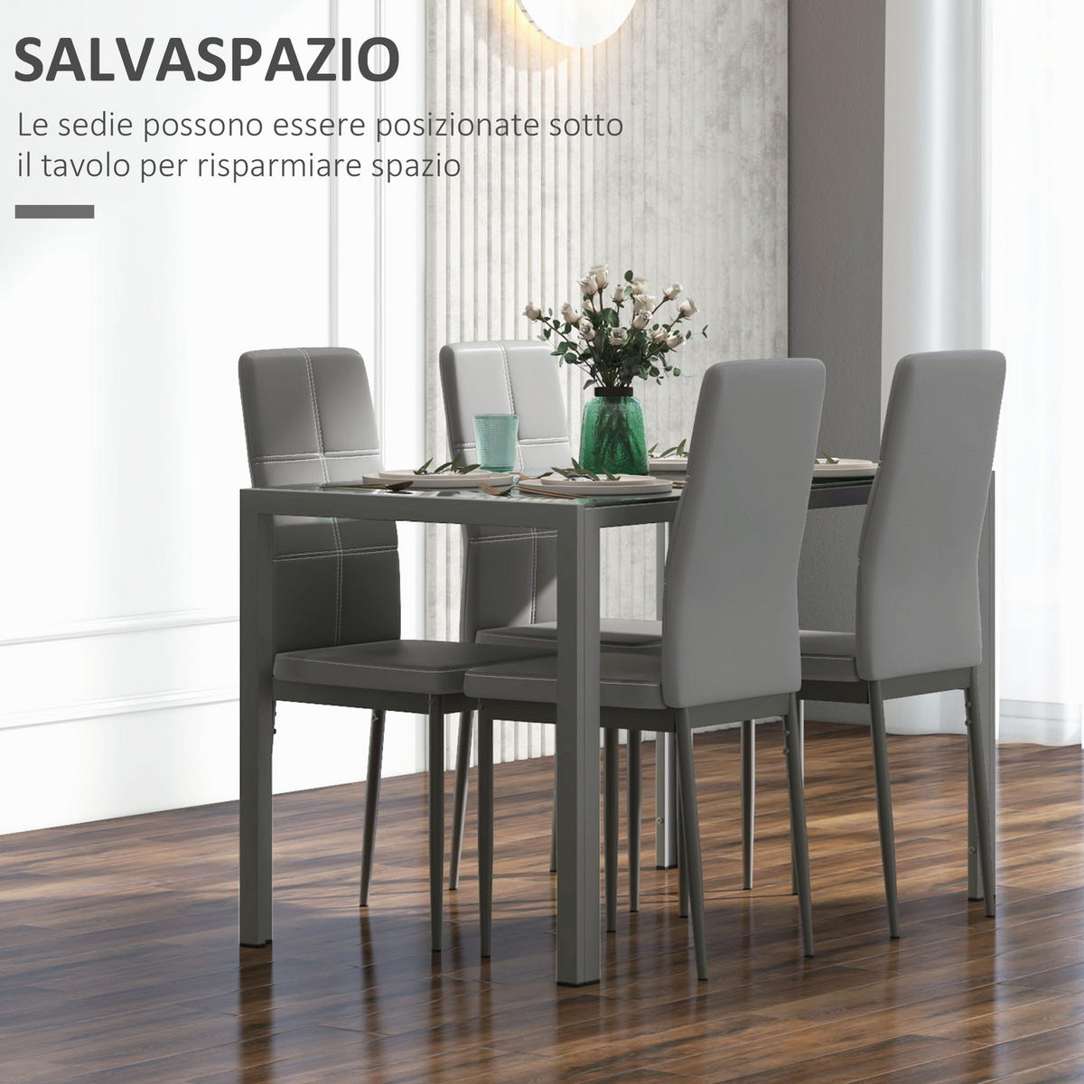 ESSGRUPPE, gehärtetes Glas 5-teilig, grau - Grau, Metall (70/75/120cm) - Vallsero