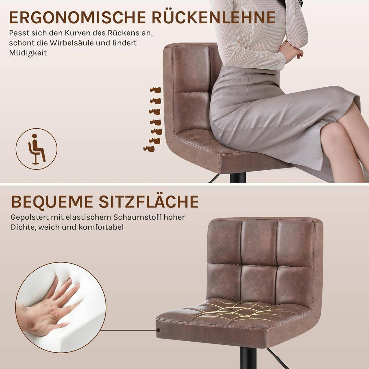 BARHOCKER 1er Set, Kunstleder in Antiklederoptik, Stahl - Dunkelbraun, Metall (44/114/39cm) - Woltu