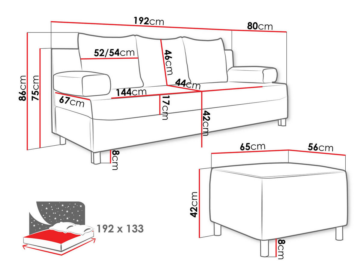 SCHLAFSOFA Dover Cord mit Polsterhocker - Chromfarben/Rosa, Holz/Kunststoff (192/80cm) - MIRJAN24