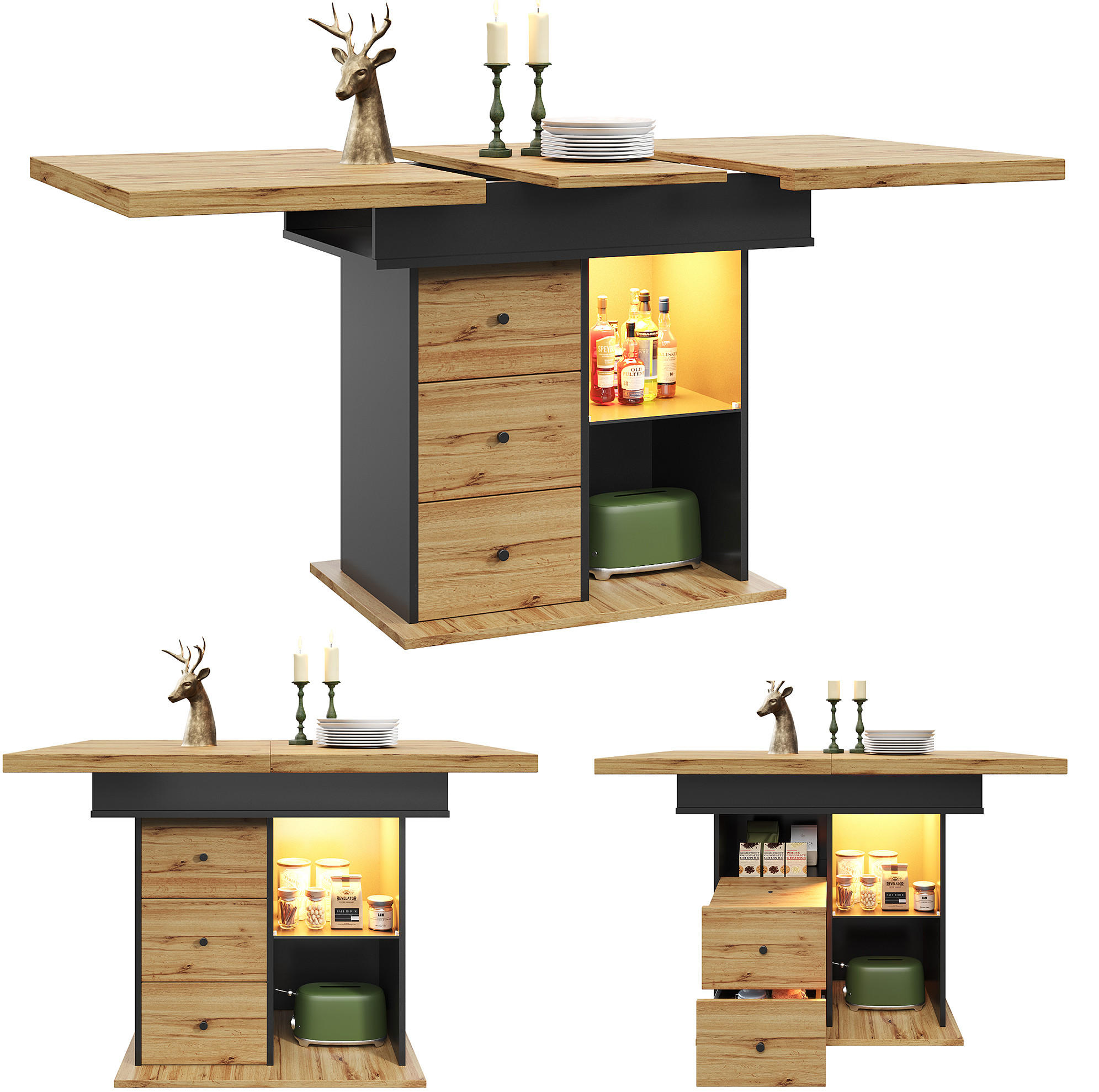 ESSTISCH 110-140/80/75 cm aus MDF mit LED-Beleuchtung, USB-Anschluss und Stauraum, Schwarz/Natur - Schwarz, Holzwerkstoff (110/80/75cm) - Redom