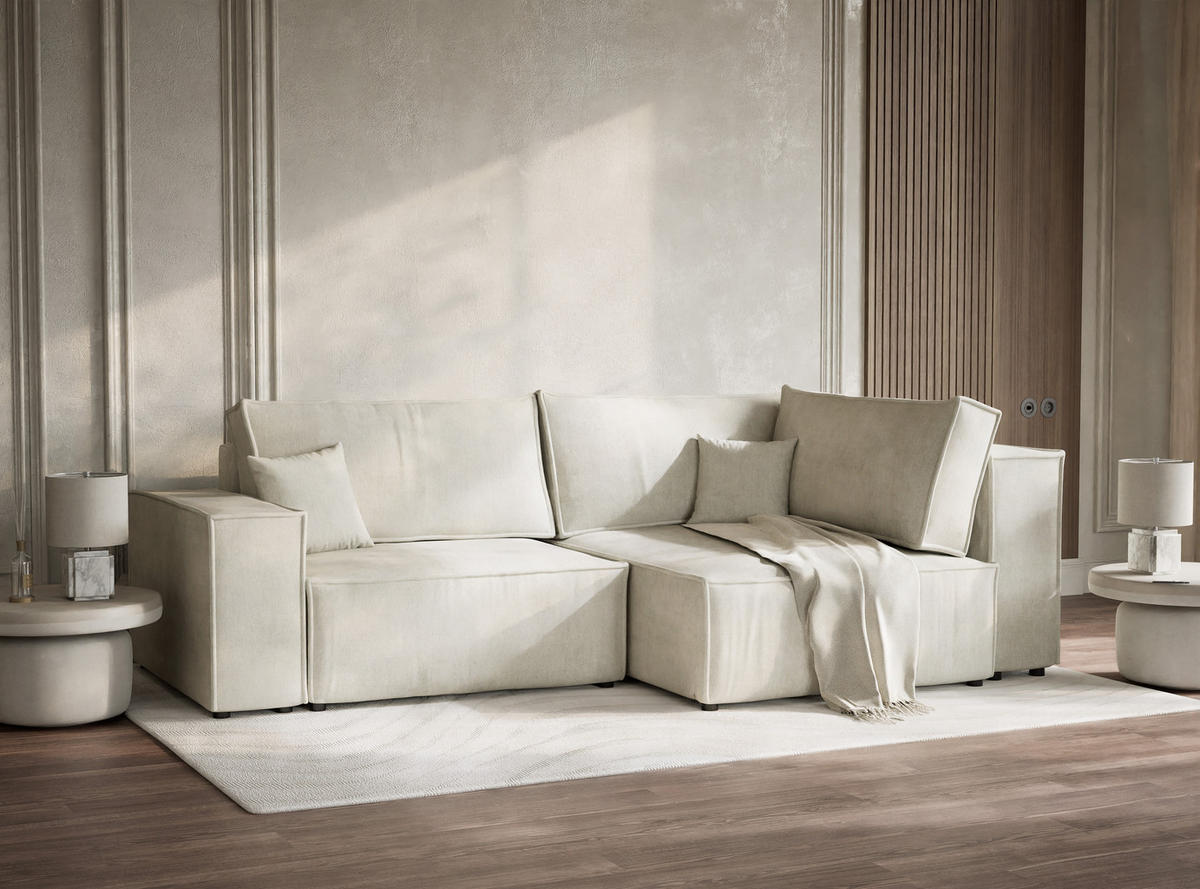 ECKSOFA MIT SCHLAFFUNKTION Tonga Creme Webstoff - Creme/Schwarz, Holz/Holzwerkstoff (255/105cm) - Maison de Reve