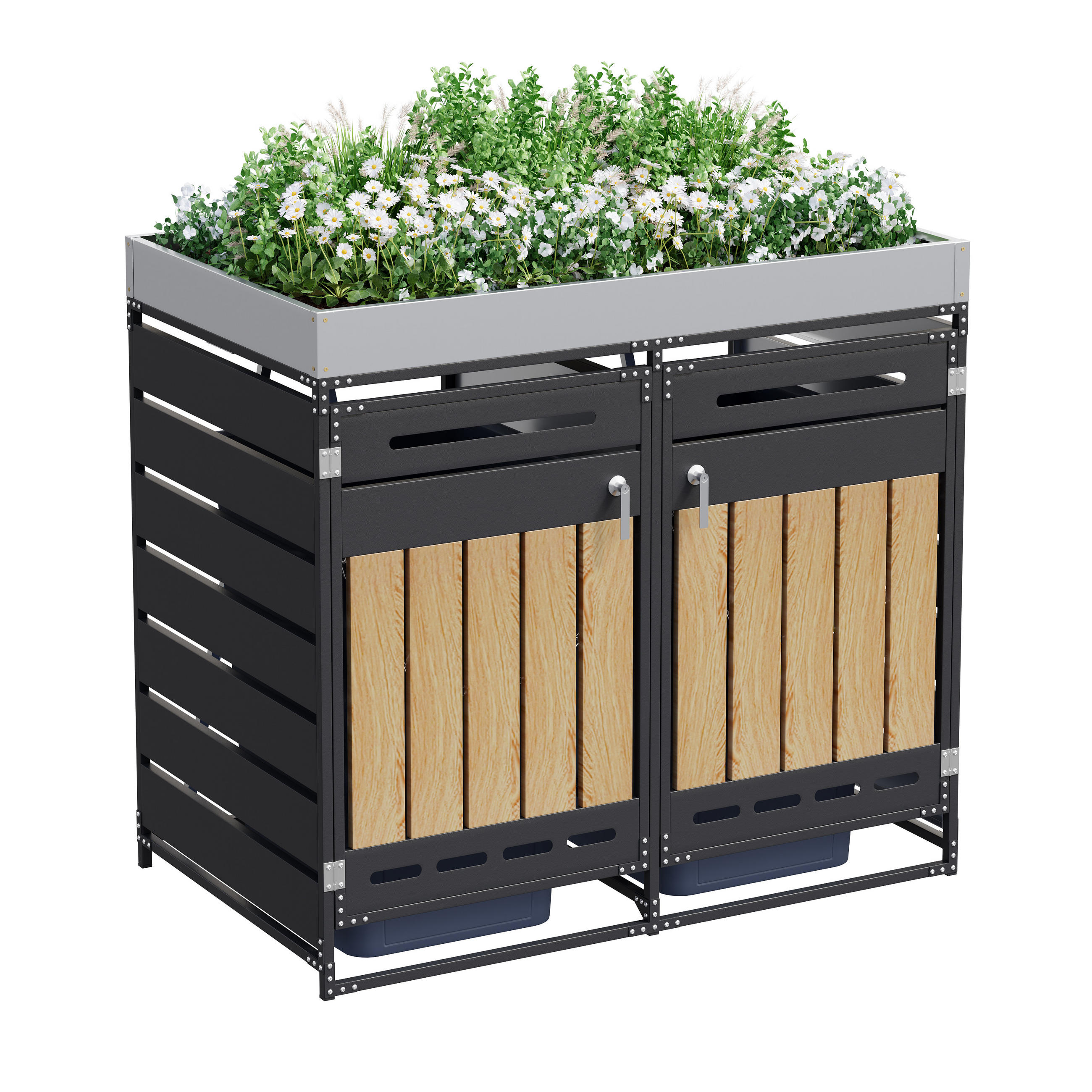 MÜLLTONNENBOX Pflanzdach Holzoptik abschließbar Belüftung - Schwarz, Metall (79/120/131cm) - FLIEKS