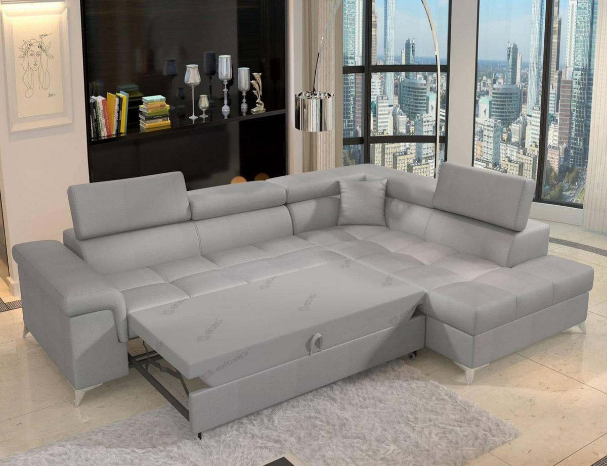 ECKSOFA mit Schlaffunktion und Bettkasten, pflegeleichter Monolith-Stoff - Chromfarben/Grau, Textil/Metall (202/275cm) - Eltap
