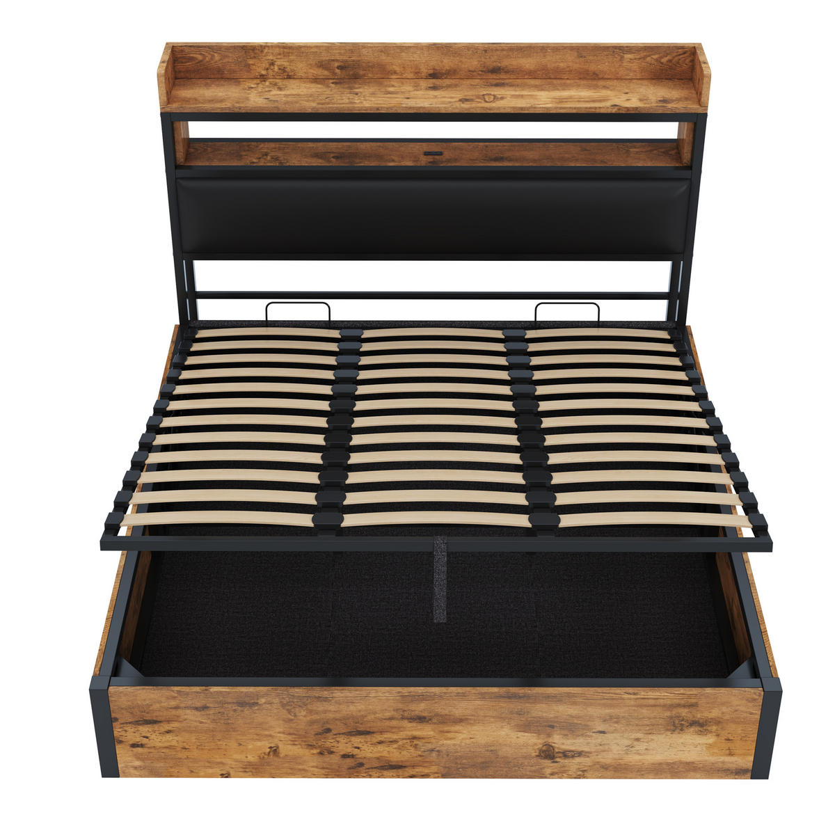 BETT 180/200 cm in Schwarz mit Bettkasten, USB und Ablage - Schwarz, Holzwerkstoff/Textil (180/200cm) - WISHDOR