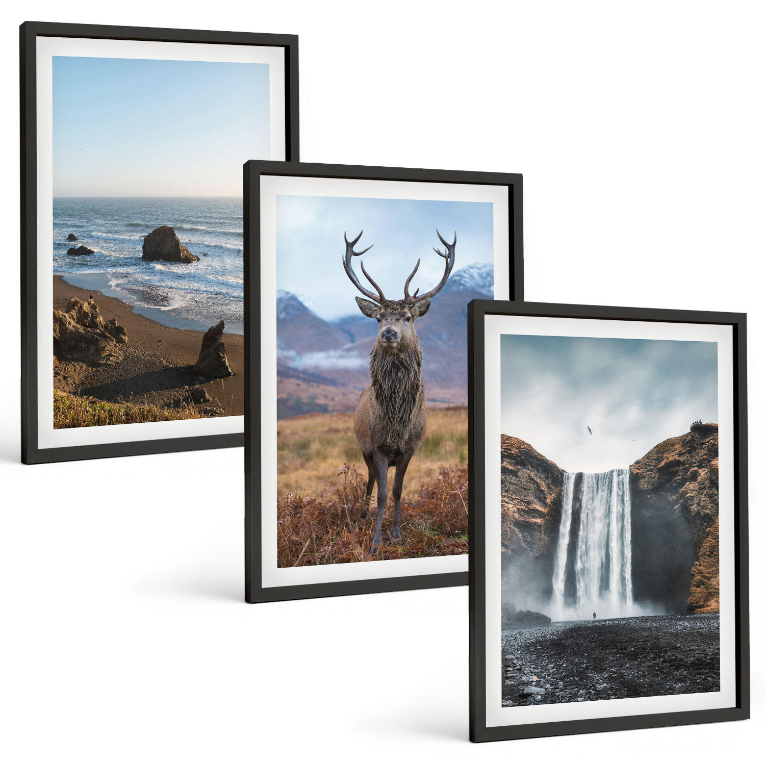 BILDER SET 3er Set - 40x60 cm Schwarzer Rahmen - Berglandschaften mit einem Wasserfall - Schwarz, Kunststoff (40/60cm) - TULUP