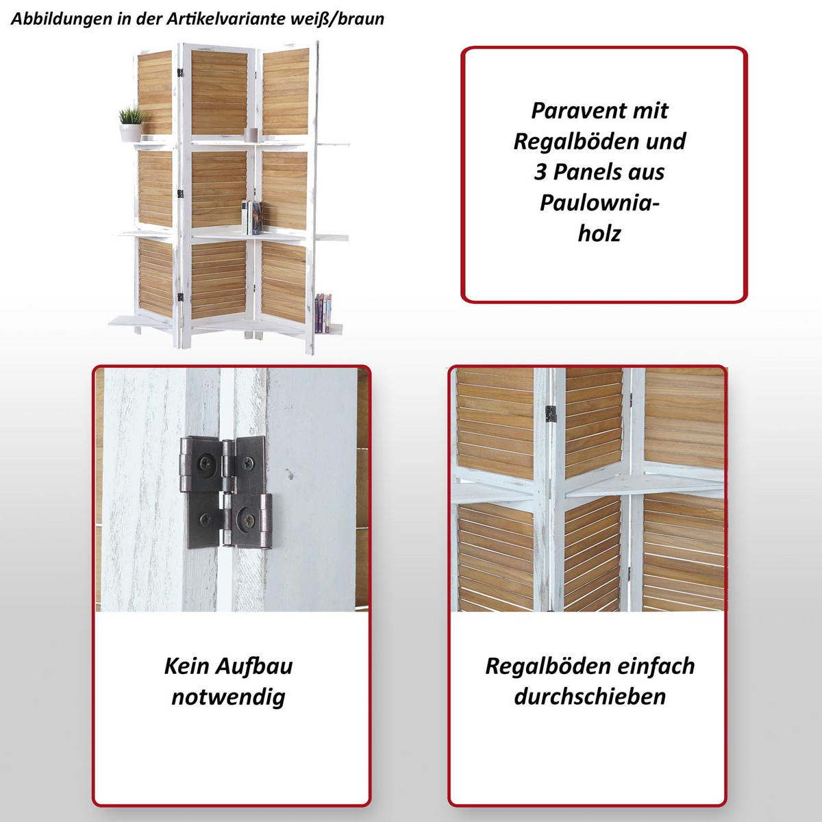 PARAVENT MIT REGALBÖDEN Reinweiß, Reinweiß - Weiß, Holz (125/170/2cm) - MCW