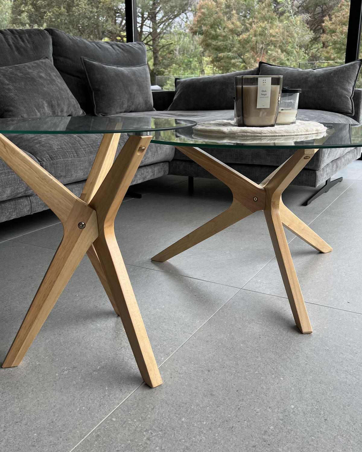 COUCHTISCH 2er-Set Rund Transparent, Hell Holz Valley 80/80 cm - Transparent, Glas (80/80/46cm) - Beliani