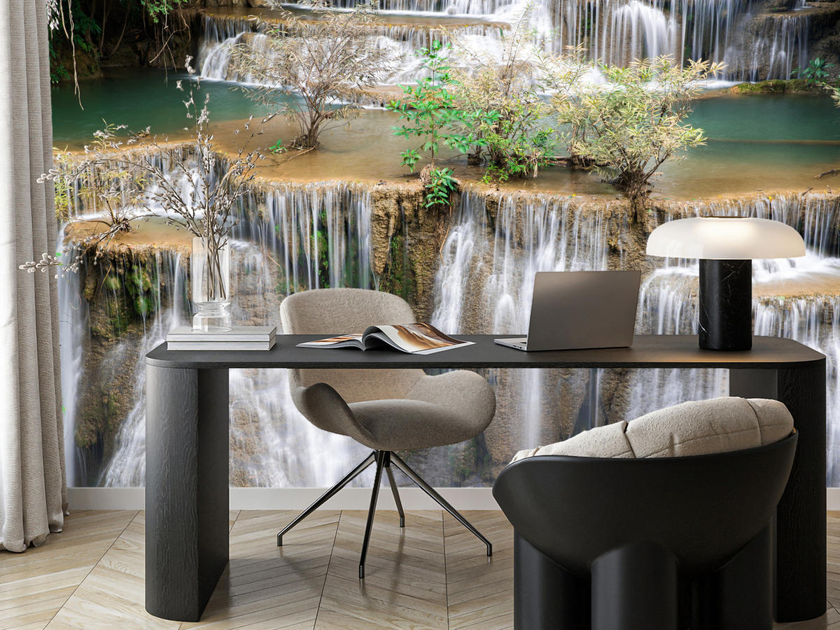 FOTOTAPETE für Wohnzimmer Wasserfall Panorama Pflanzen Natur 400x280 - Blau/Beige, Papier (400/280cm) - Muralo