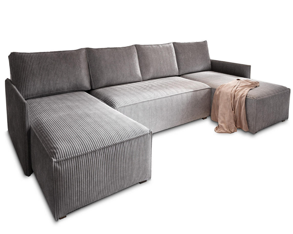 WOHNLANDSCHAFT TRES Grau Kordstoff mit Schlaffunktion - Grau, Holz (271/85/140cm) - MASSENO